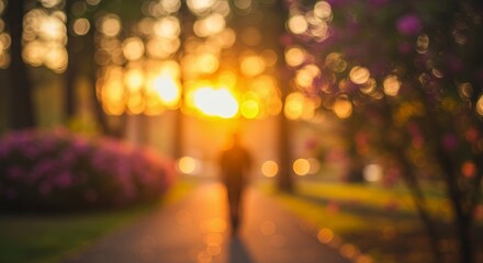 Person Walking on Path at Sunset with Bokeh Lights in Park