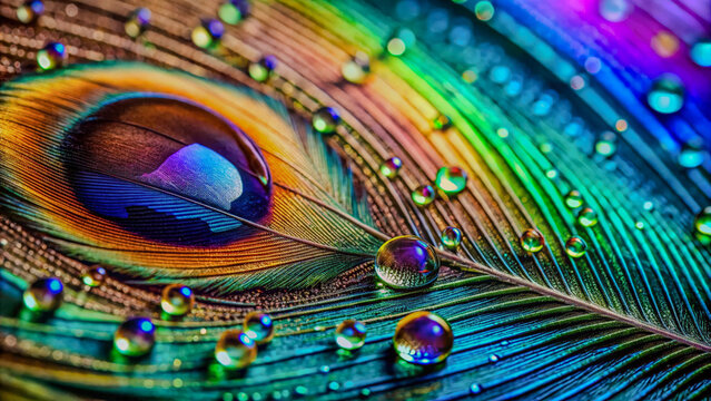 Vibrant Peacock Feather Macro Photography Jewel-toned Colors and Water Droplets - Powered by Adobe