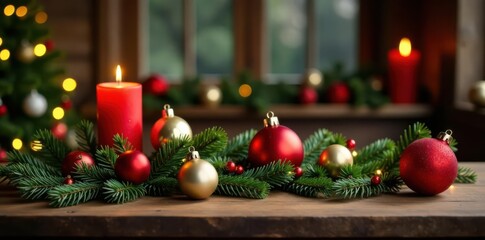 Rustic wooden Christmas table, ornaments, candles, lights , copy space, festive