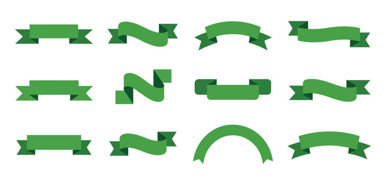 Twelve Green Ribbon Banners Set for Design