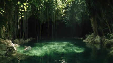 Sunlit Cenote: Lush Green Water and Hanging Vines in a Natural Cave