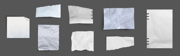 Obraz premium Crumpled paper sheets set - various white and checkered wrinkled page pieces with torn, ripped edges isolated on black background. Blank note, notebook leaf realistic vector illustration collection.
