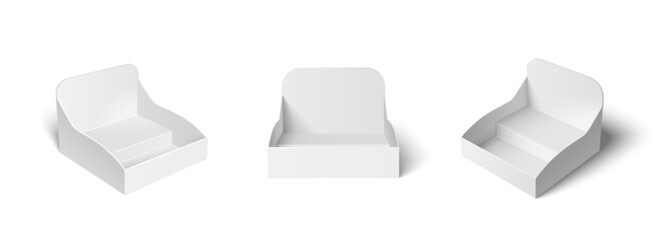 Set of white cardboard product display stands and holders. Blank promotional shelf ready for packages, countertop for retail exhibitors mockup isolated on white. 3d empty point of sale POS POPs.