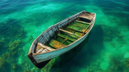Obraz premium Old White Boat Submerged in Clear Green Sea Water