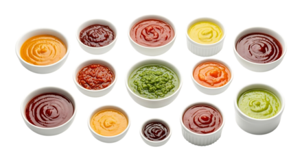 Assortment of Colorful Sauces and Condiments in Small White Bowls A Vibrant Culinary Collection