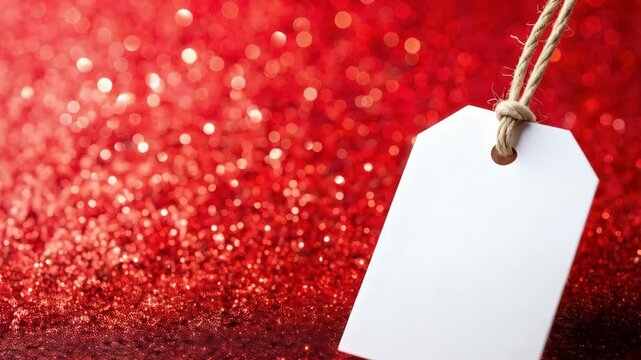 Close-up view of a blank white gift tag against a vibrant red glittery backdrop, highlighting festive occasion shopping, sale concepts.