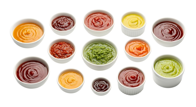 Assortment of Colorful Sauces and Condiments in Small White Bowls A Vibrant Culinary Collection