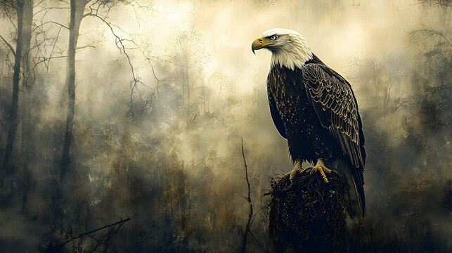 Majestic bald eagle perched atop a stump in a misty forest.