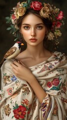 Fototapeta premium A young woman adorned with a floral crown and a patterned shawl.