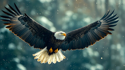 Fototapeta premium Majestic bald eagle soaring through a winter landscape.