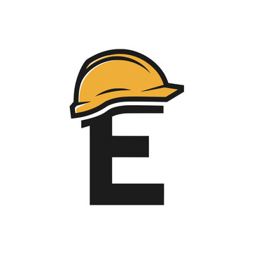 Letter E Construction Logo with Hard Hat, Creative logo combining the letter E with a stylized yellow construction helmet and human face, symbolizing building and safety themes.

