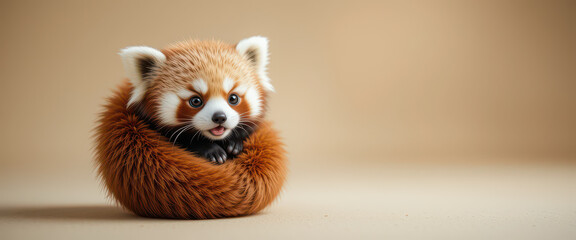 Obraz premium Red panda curled into round fluffy ball with adorable eyes and soft fur texture on beige background, stylized animal portrait with character design and photoreal rendering in fantasy tone