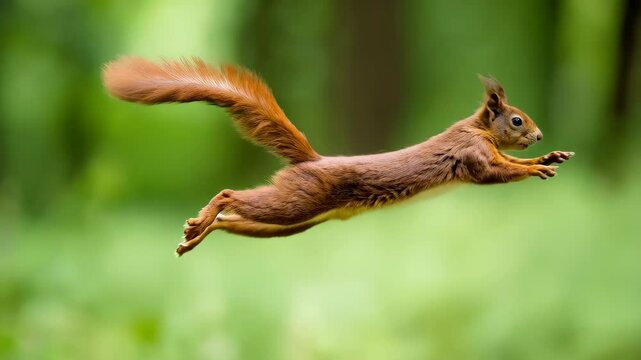 A single red squirrel leaps gracefully through the air in a blurred forest background, its fluffy tail extended for balance during the jump