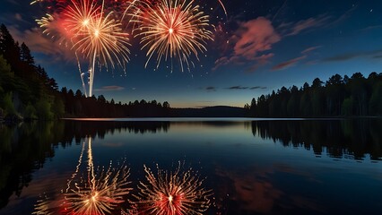 Vibrant fireworks mirrored on calm lake under night sky