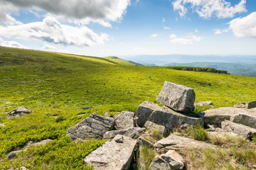 landscape with alpine meadow on a sunny morning. tranquil weather. rocks on green hills of carpathian mountain nature. clouds on the blue sky