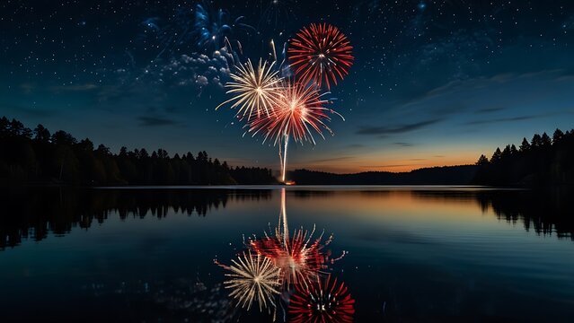 Nighttime fireworks display glowing over reflective lake surface
