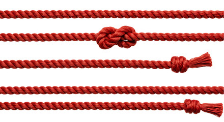 Collection of Red Twisted Ropes with Knots on a Black Background Nautical Marine and Decorative Elements