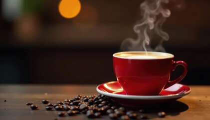 Rich espresso in vibrant red cups, steam rising , aroma, drink, cups