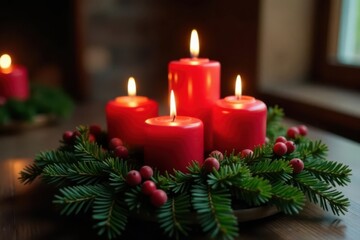 Rustic evergreen Advent wreath; four burning candles illuminate , festive decor, Christmastime, fir