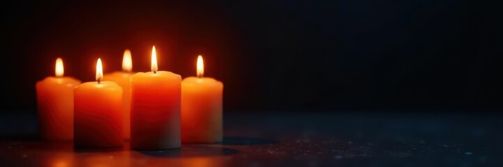 Several candles burn, casting warm light against inky black, shadows, photography