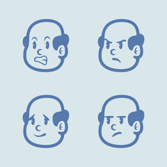 Cartoon bald man face set with various expressions: angry, smiling, winking, and surprised. Clean line vector style for emoji, avatar, mascot, or character design
