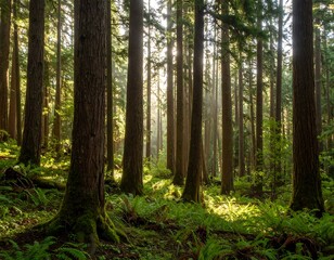 Fototapeta premium Sunlight streams through a dense forest (1)