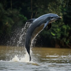 Obraz premium Dolphin Leaping Out of Water in Lush Greenery Background