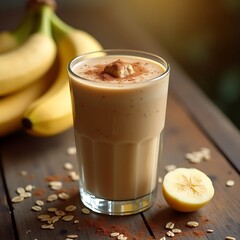Banana Smoothie in Glass with Oats and Fruit Still Life