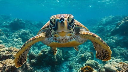 Fototapeta premium Close-up view of a sea turtle swimming in a coral reef.