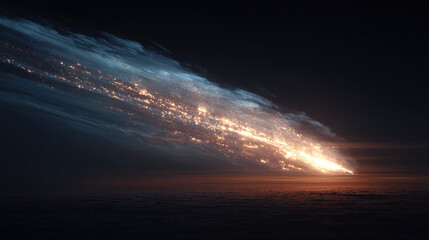 Spacecraft reentering Earths atmosphere with glowing heat shield and fiery plasma trail. Dramatic space exploration, orbital descent, and aerospace technology concepts.
