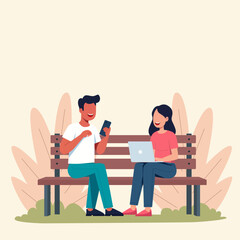 A man and woman are relaxing with laptop and smartphone on park bench with calm color background