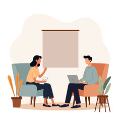 A young man and woman are discusing about creative work