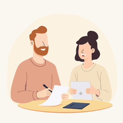 A man and woman are discussing about report of monthly work