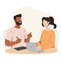 A young man and woman are discussing about work