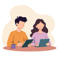 A young man and woman are doing creative design work