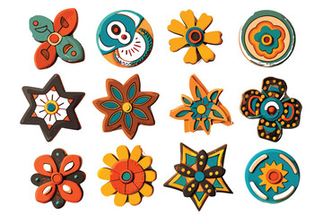 Floral Set in Retro 1970 Peace Style. Collection of Floral Seventies Elements. Groovy Flowers. Hand Drawn Vector Illustration. Trendy 70s. Designed for fabric, textile, printing.