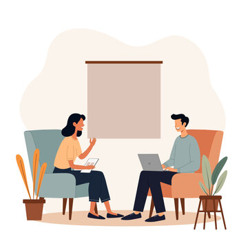 A young man and woman are discusing about creative work