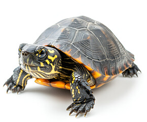 Obraz premium Cute reptile tortoise with brown shell walking slowly, isolated on white background