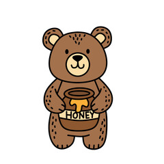 Cute cartoon bear holding a honey jar. Adorable brown bear character in flat style for children’s books, stickers, or forest animal themes