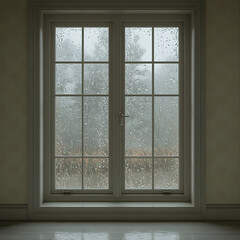Fototapeta premium Rainy Day Window: A tranquil scene of a double-hung window, showcasing the gentle patter of rain against the glass, blurring the view of trees and foliage beyond. 