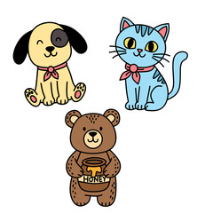 Cute cartoon dog, cat, and bear holding honey. Colorful vector animal characters in flat style for kids, stickers, prints, or educational materials