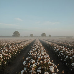 Fototapeta premium Cotton Field at Dawn: A breathtaking panoramic view of a cotton field at dawn, rows of cotton plants blanketed in a soft mist under a serene morning sky. Peaceful farmland.