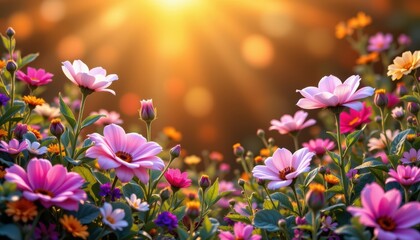 Vibrant Blooming Flower Garden Illuminated by Golden Sunlight in a Serene Natural Landscape