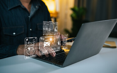 Person using laptop with displayed digital interface showing data analytics, charts, and technology symbols for modern business solutions