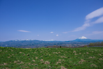 牧場から見渡す残雪のニセコ連峰や羊蹄山のパノラマ風景