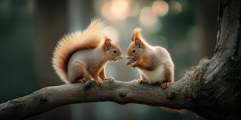 Two squirrels sharing a nut on a forest branch
