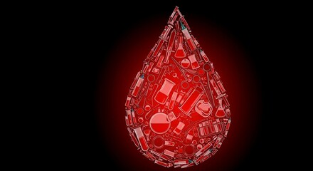 a blood drop shape formed from various medical tools like syringes, tubes, and test tubes, with bold red accents"