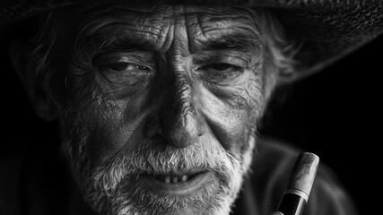 Intense black and white close-up portrait of an elderly man with a hat. - Powered by Adobe