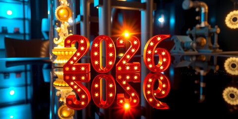 A Steampunk Industrial representation of happy new year with text '2026'. Theme: Festive Holiday. Mood: warm and cozy. Features a subtle elements. Stock image for festive...