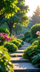 Obraz premium Path through a garden with a stone walkway and pink flowers. The flowers are in full bloom